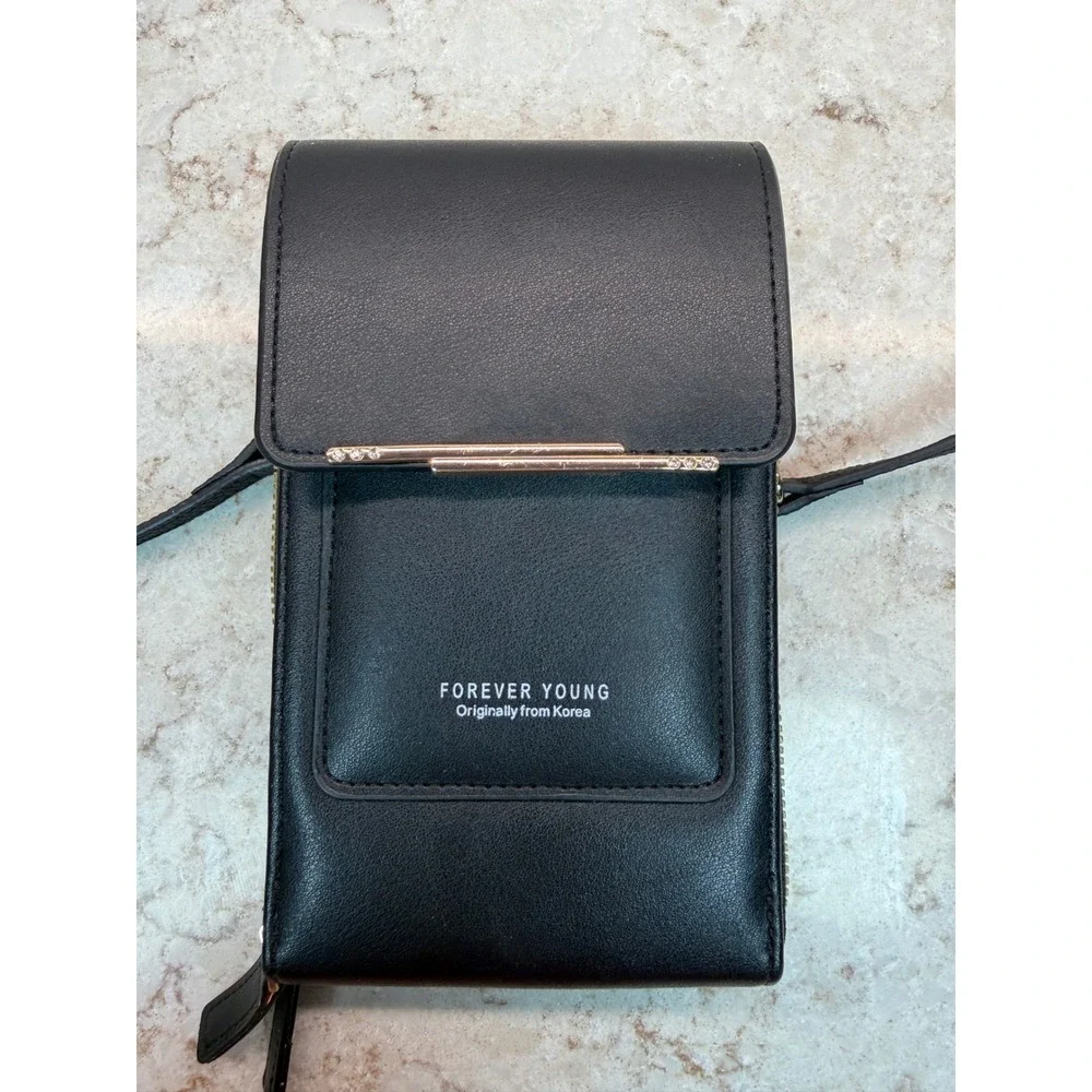 Forever‎ Young Black Crossbody Phone Bag Wallet Double Zip Gold Hardware Korea